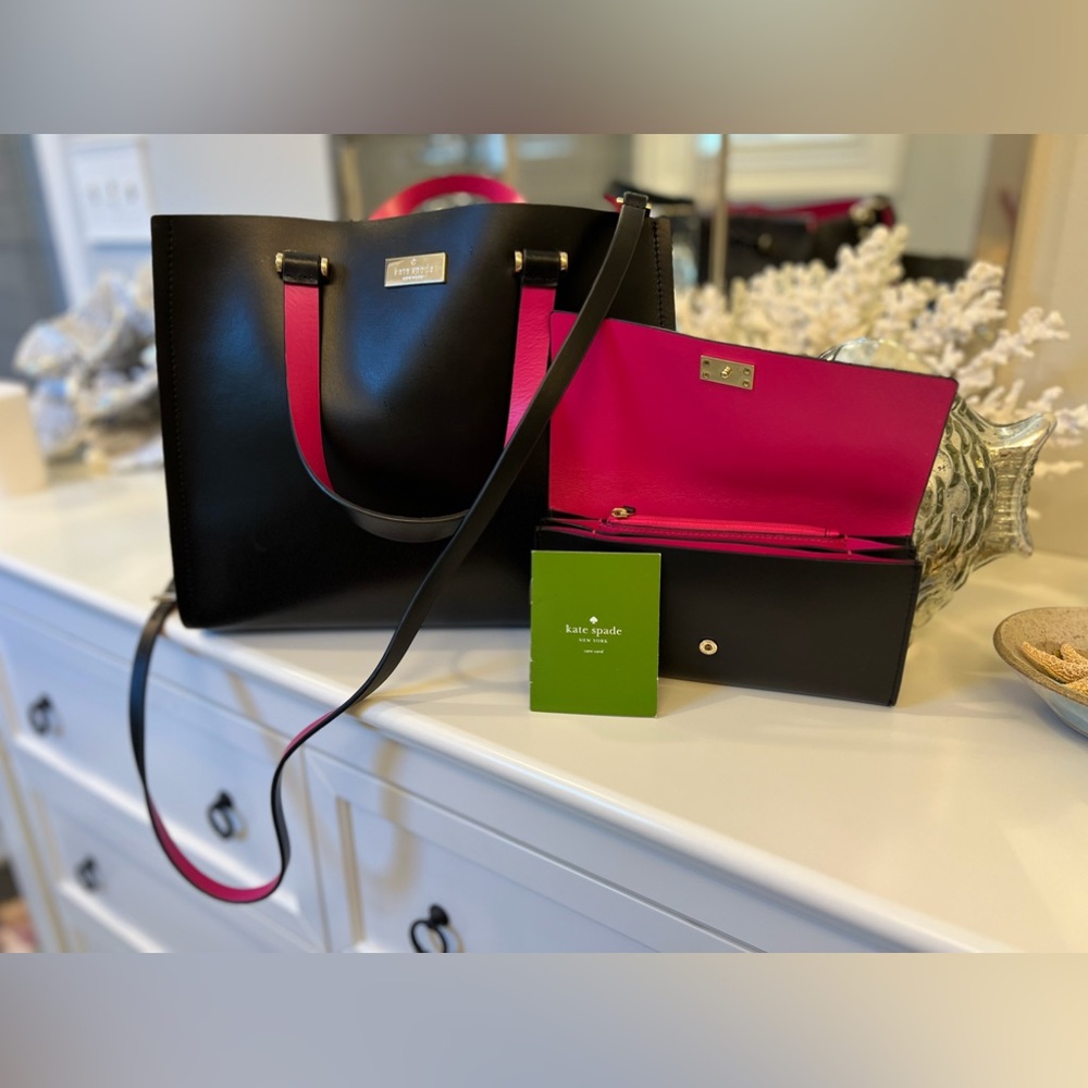 Kate Spade Black & Fuchsia Arbour Hil purse with matching wallet